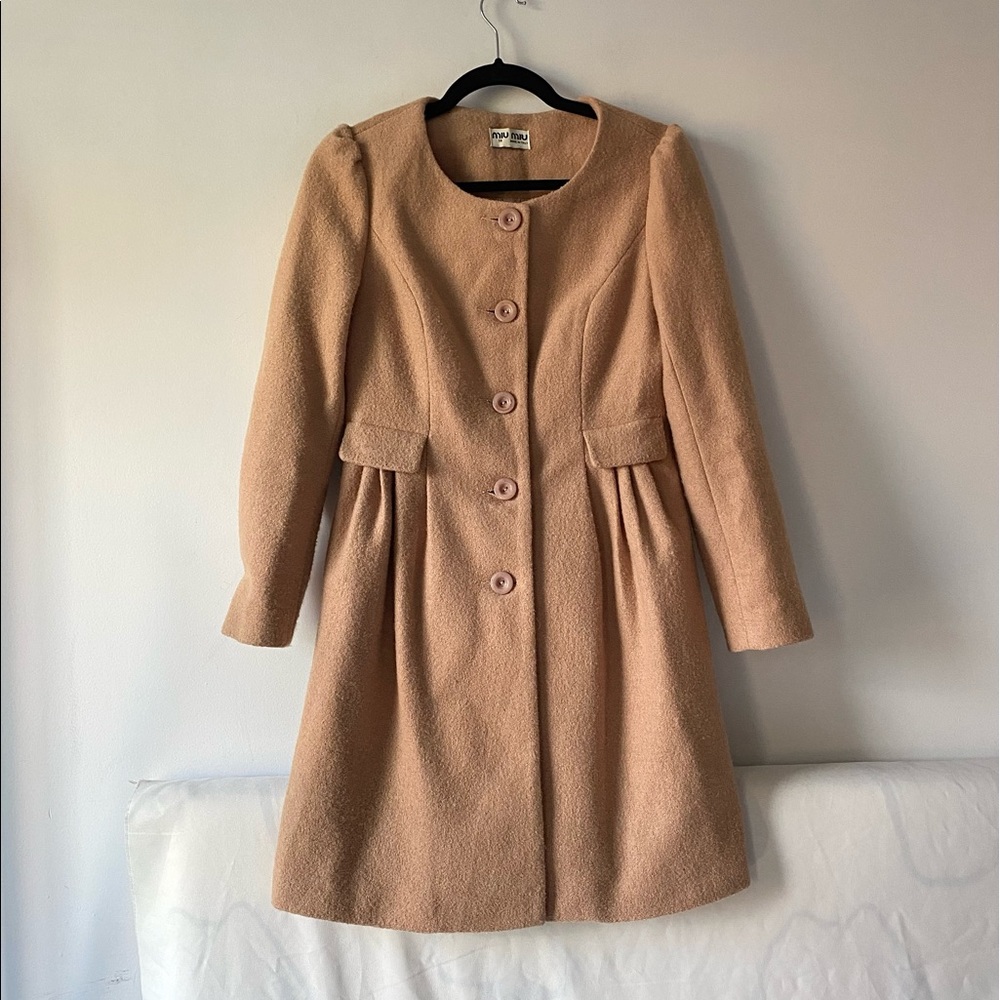 MIU MIU Vintage Tan Puff Sleeve Wool Coat 38